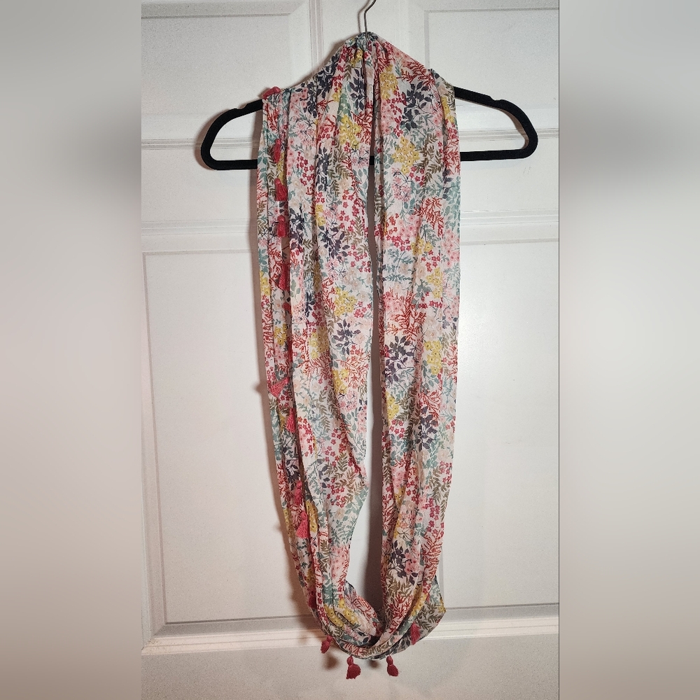 Floral Multicolor Sheer Infinity Scarf Tassel Detail
